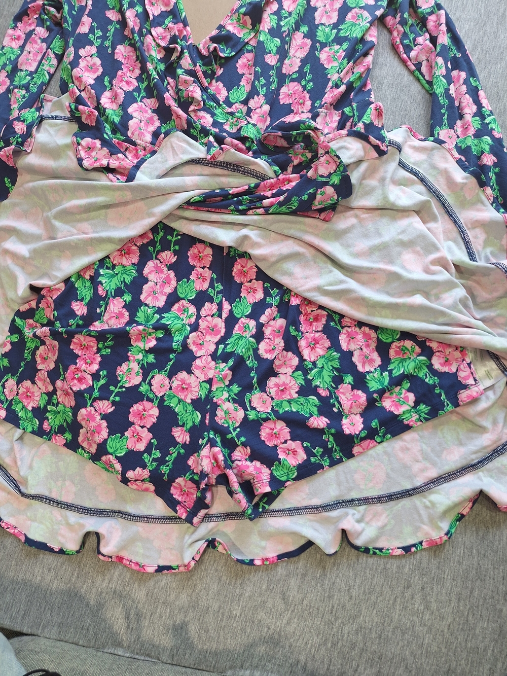 Lilly Pulitzer Navy Floral Wrap Dress Build In Shorts with Pink & Green Accents - Picture 5 of 15
